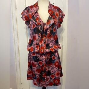 Rebecca Taylor Vibrant Pink and Red Floral Drop Waist Rayon Mini Dress, Size 2